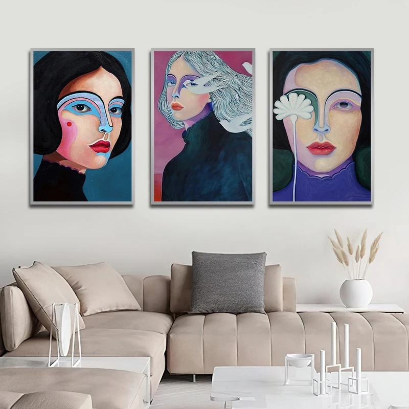 تابلو بکلیت طرح نقاشی چهره مدل شاین اکلیلی SI-2344 فریم نقره ای مجموعه 3 عددی