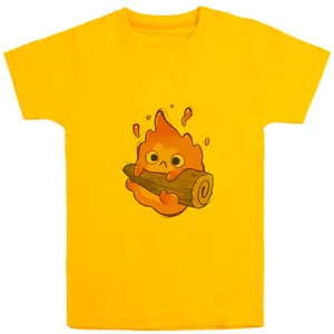 تی شرت آستین کوتاه دخترانه مدل چوب و آتش D140 رنگ زرد