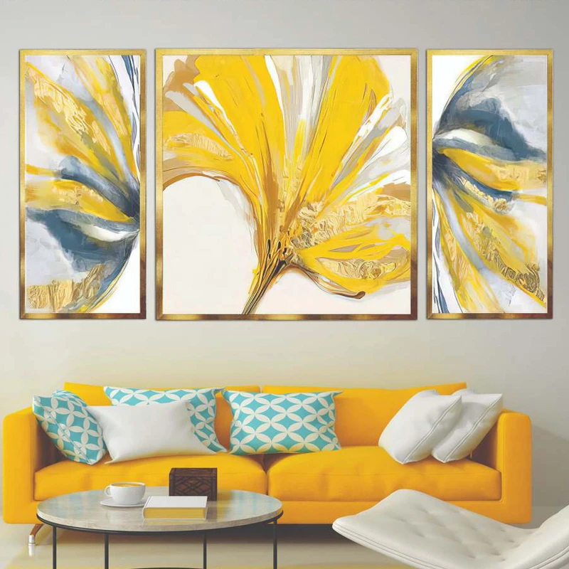 تابلو بکلیت طرح مدرن دیجیتال آرت مدل T-2138 فریم طلایی مجموعه 3 عددی