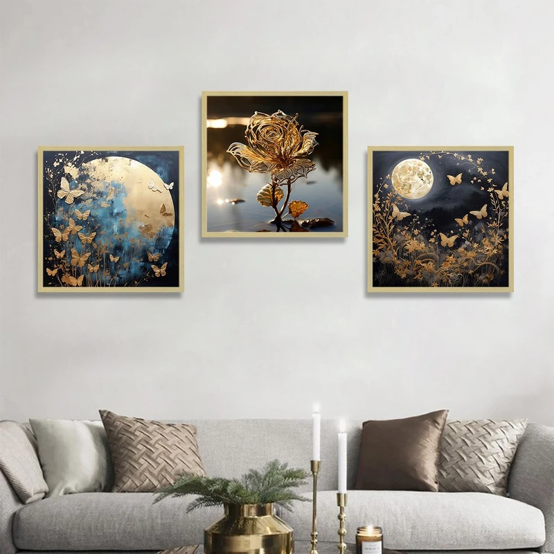 تابلو بکلیت طرح نقاشی طلاکوب ماه و پروانه مدل BE-1274 مجموعه 3 عددی