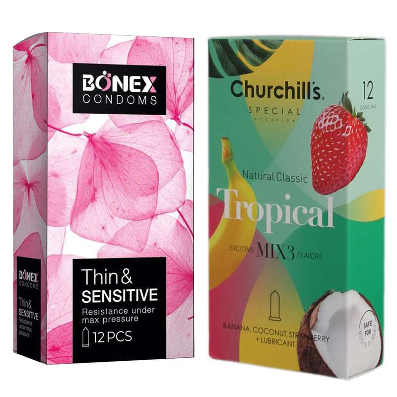 کاندوم چرچیلز مدل Tropical بسته 12 عددی به همراه کاندوم بونکس مدل Thin & Sensitive بسته 12 عددی کاندوم چرچیلز مدل Tropical بسته 12 عددی به همراه کاندوم بونکس مدل Thin & Sensitive بسته 12 عددی
