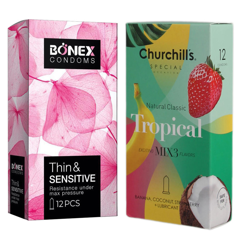 کاندوم چرچیلز مدل Tropical بسته 12 عددی به همراه کاندوم بونکس مدل Thin & Sensitive بسته 12 عددی کاندوم چرچیلز مدل Tropical بسته 12 عددی به همراه کاندوم بونکس مدل Thin & Sensitive بسته 12 عددی
