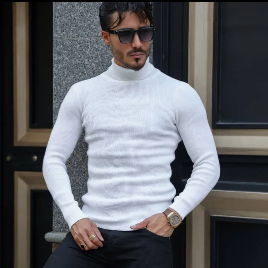 پلیور یقه اسکی مردانه مدل اندامی رنگ شیری