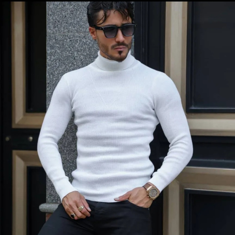 پلیور یقه اسکی مردانه مدل اندامی رنگ شیری