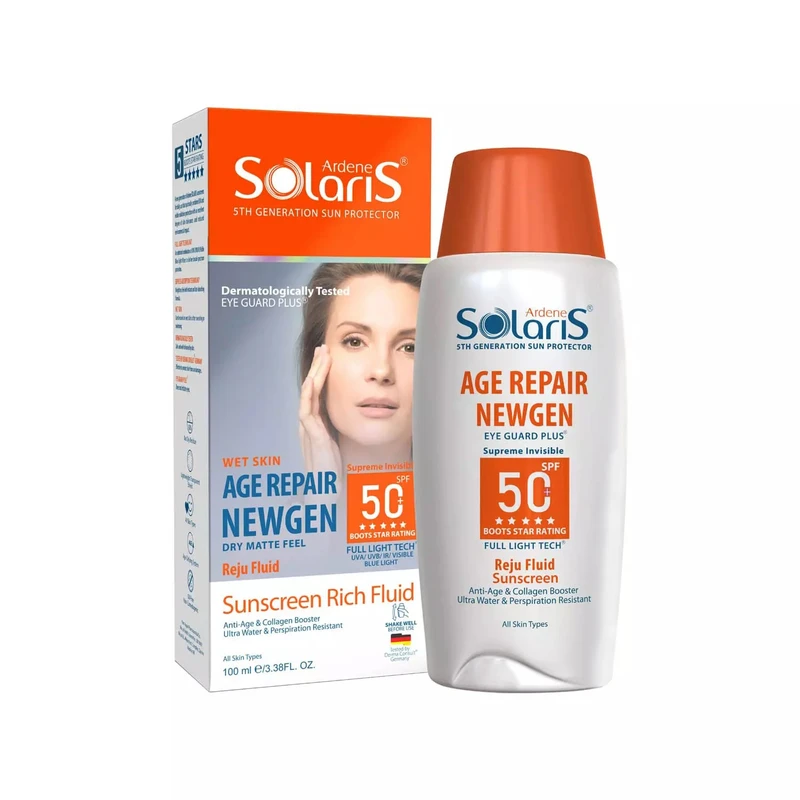 لوسیون ضد آفتاب بی‌رنگ آردن سولاریس، SPF 50، مدل Age Repair Newgen، مناسب انواع پوست با حجم 100 میلی لیتر، ضد آب و محافظت‌کننده در برابر اشعه‌های PA++++ ،UVA ،UVB، ضد پیری، دارای فرمولاسیون کلاژن، با ماندگاری ۲ ساعته