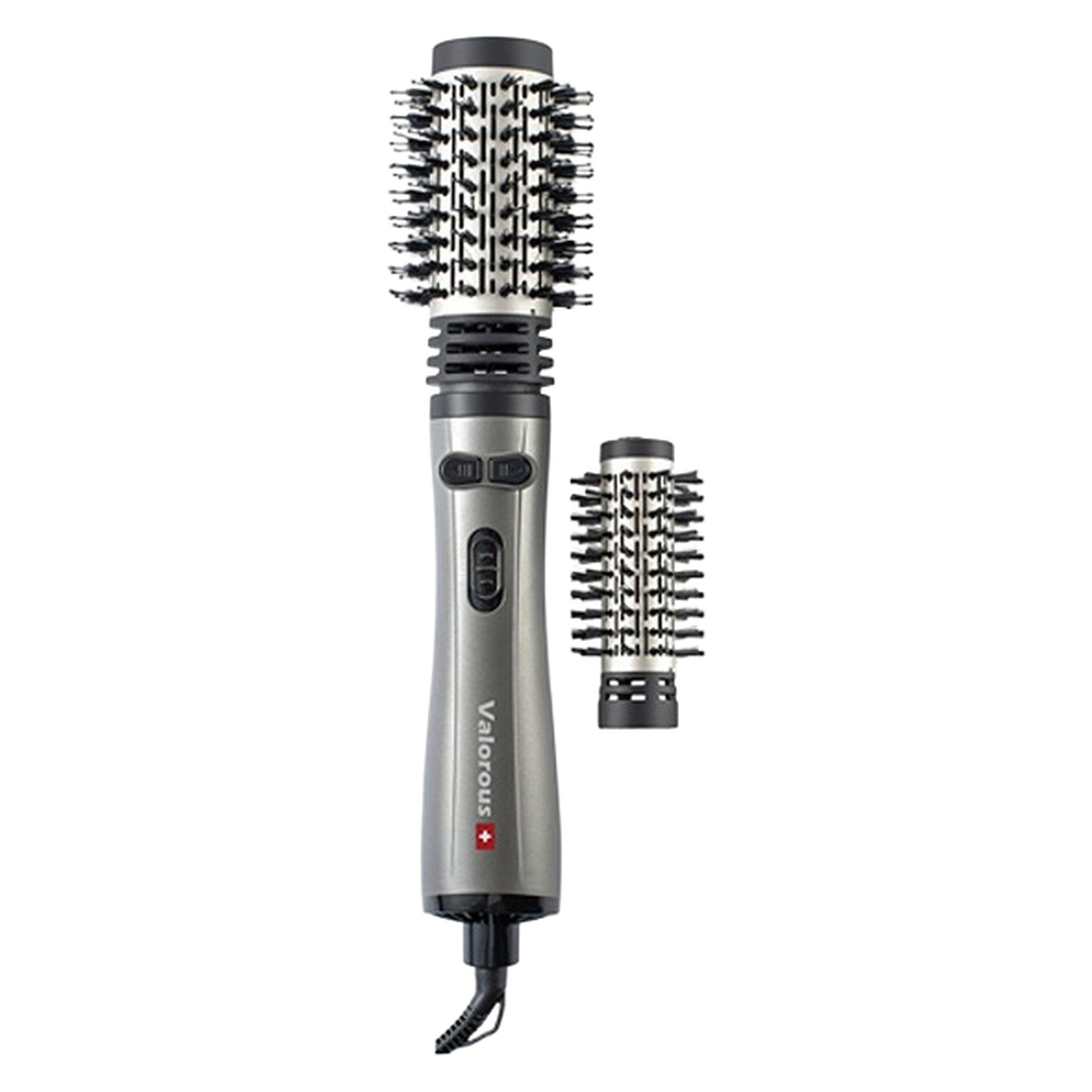 سشوار برس‌دار چرخشی 1200 وات والوروس مدل VL-507، موتور AC، وزن 950 گرم، المنت سرامیک، دارای سری برس‌دار گرد باریک، سری برس‌دار گرد پهن با ویژگی فرکنندگی، صاف‌کنندگی، حجم‌دهندگی، با قابلیت تنظیم دما