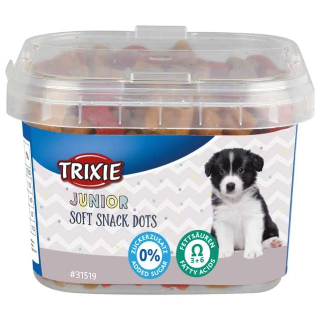 تشویقی توله سگ تریکسی مدل Junior Soft Snack Dots طعم مرغ و سالمون وزن 140 گرم