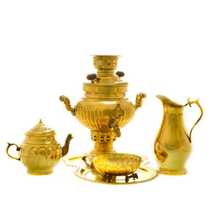 سرویس سماور ذغالی 5 پارچه برنجی مدل عدسی شیاردار کد H-1266