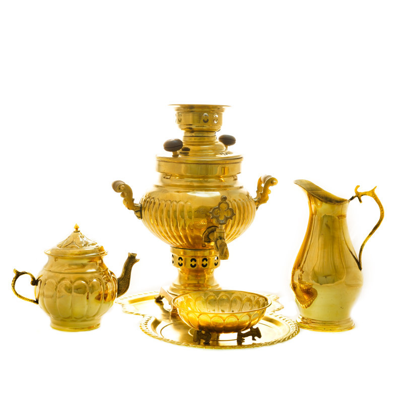 سرویس سماور ذغالی 5 پارچه برنجی مدل عدسی شیاردار کد H-1266