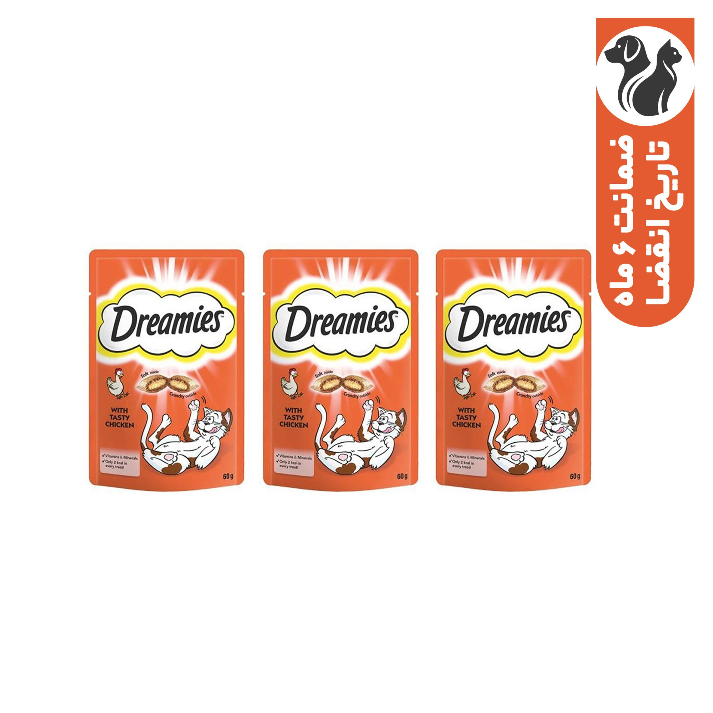 تشویقی گربه دریمز مدل Snack With Chicken وزن 60 گرم بسته 3 عددی