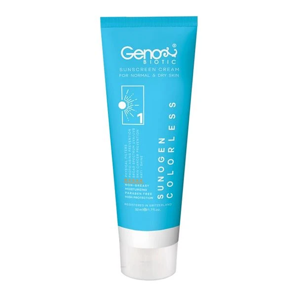 کرم ضد آفتاب بدون رنگ ژنوبایوتیک SPF 50 مدل 388 ‌مناسب پوست‌های خشک و معمولی حجم 50 میلی‌لیتر