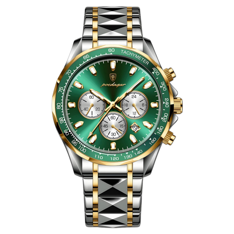 ساعت مچی عقربه‌ای کوارتز مردانه پوداگار مدل کلاسیک سه موتور فعال کرنوگراف بند استیل طرح الماسی کد 6