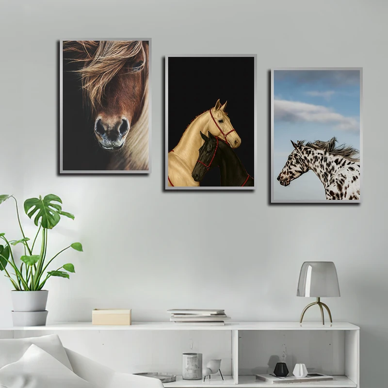 تابلو بکلیت طرح دکوراتیو اسب مدل B-3842 فریم مشکی مجموعه 3 عددی
