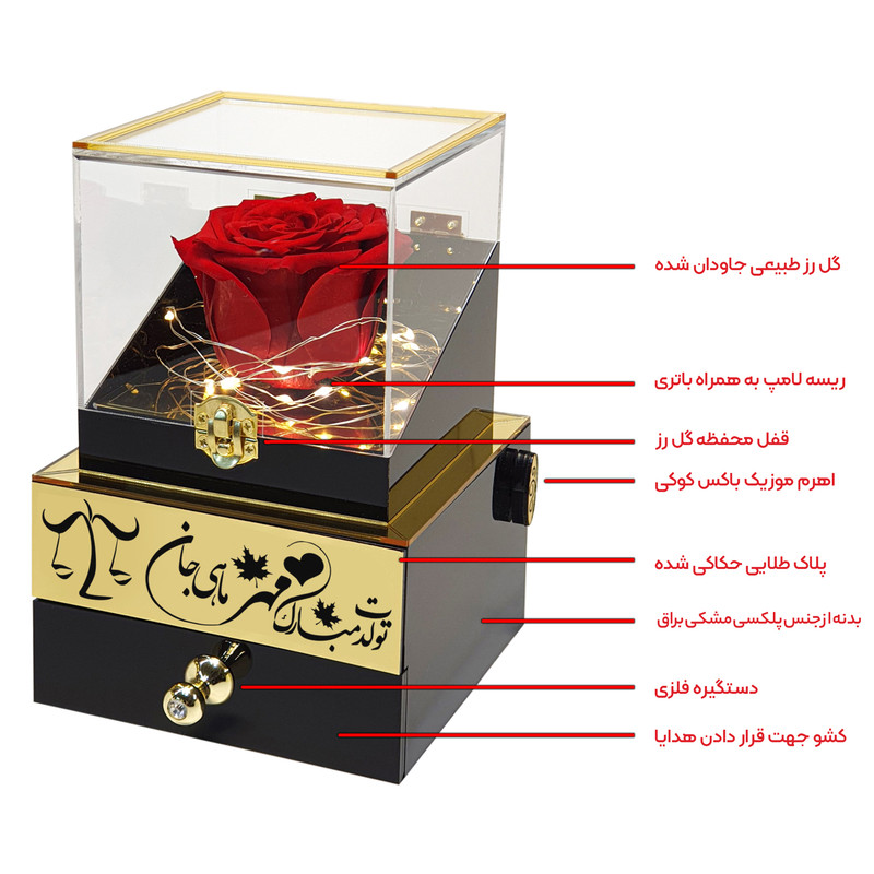 گل رز جاودان مدل گنجینه موزیکال طرح تولدت مبارک مهر ماهی جان کد M01