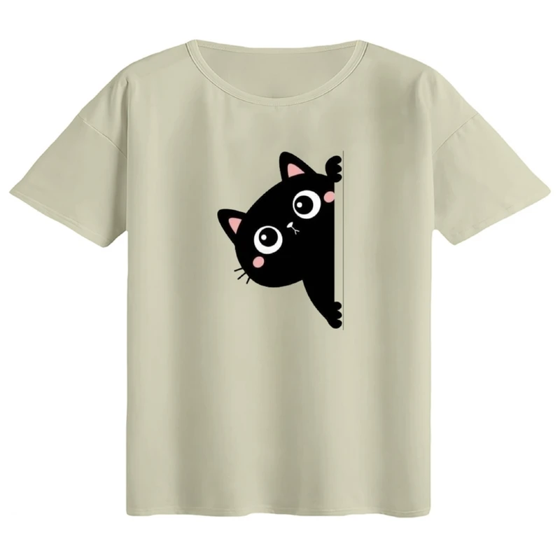 تی‌شرت اورسایز آستین کوتاه زنانه مدل باکسی طرح گربه