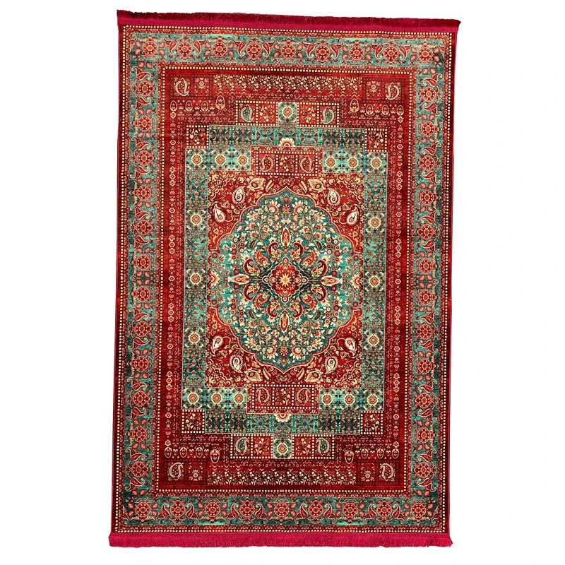 فرش ماشینی 1250 شانه زمینه قرمز لاکی حاشیه سبز مدل قجری ابریشم قم کد 1025