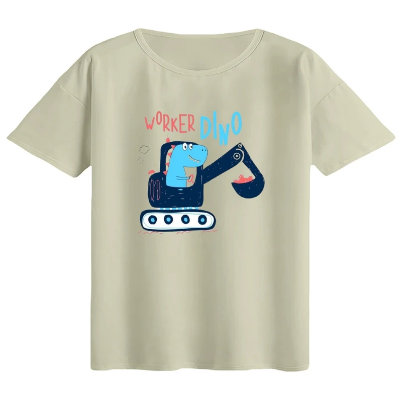 تی‌شرت اورسایز آستین کوتاه زنانه مدل باکسی طرح دایناسور و ماشین کار