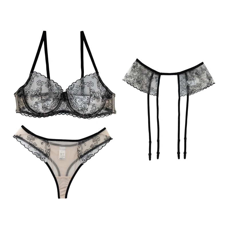 ست سوتین و شورت زنانه برتا مدل توری کد 4041OZB به همراه نگهدارنده جوراب