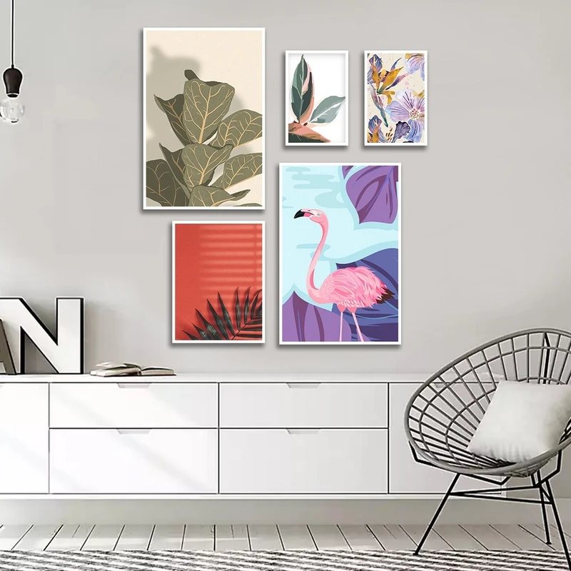 تابلو ساده بکلیت طرح نقاشی فلامینگو و برگ مدل شاین اکلیلی W-2717 فریم سفید مجموعه 5 عددی