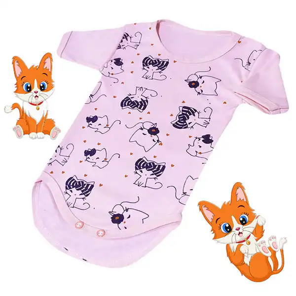 بادی آستین کوتاه نوزادی مدل Cat رنگ صورتی