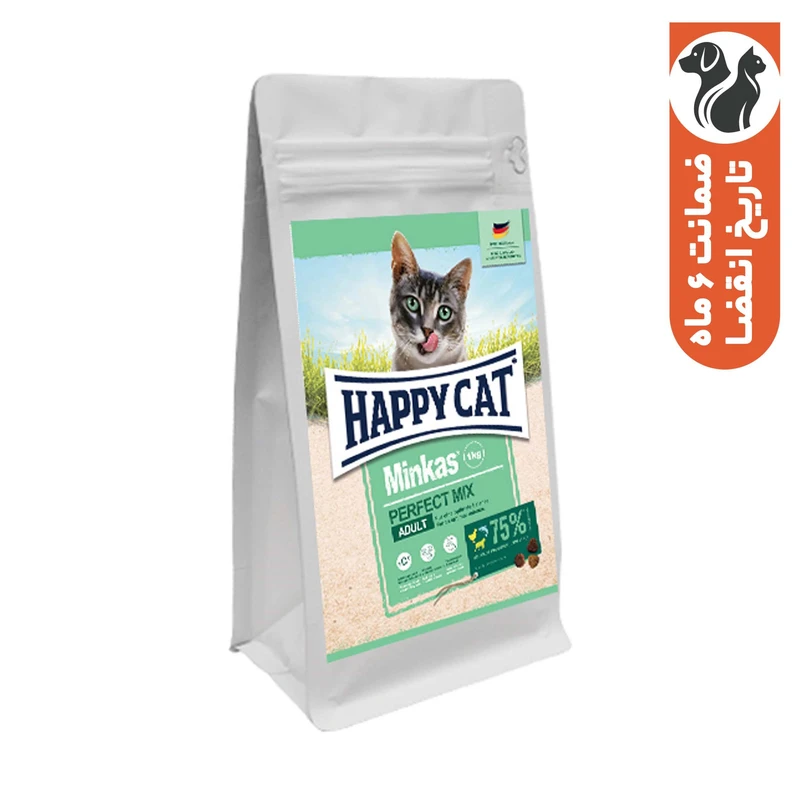 غذای خشک گربه بالغ هپی کت مدل مینکاس میکس طعم مرغ و بره و ماهی وزن 1 کیلوگرم
