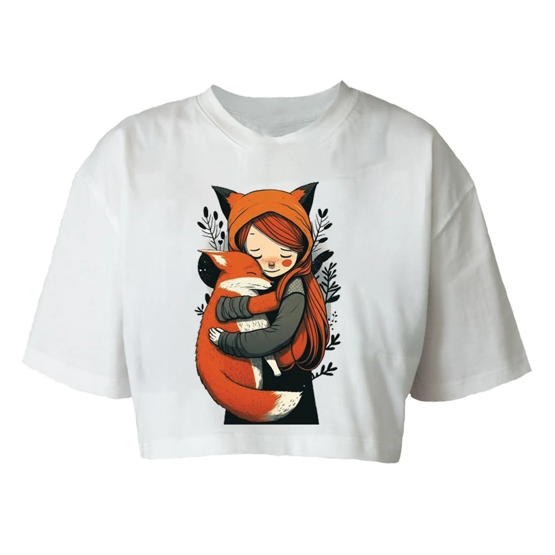 کراپ‌تی شرت آستین کوتاه زنانه مدل C555 طرح روباه