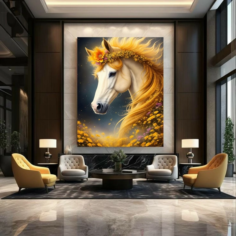 تابلو بوم مدل تابلو بوم طرح مخمل اسب مدل یال زرد و طلایی تمیز کد GR1859