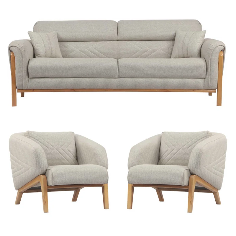 مبل راحتی پنج نفره با روکش پارچه و پایه چوب صنعت آدلی مدل هانا به همراه 2 کوسن