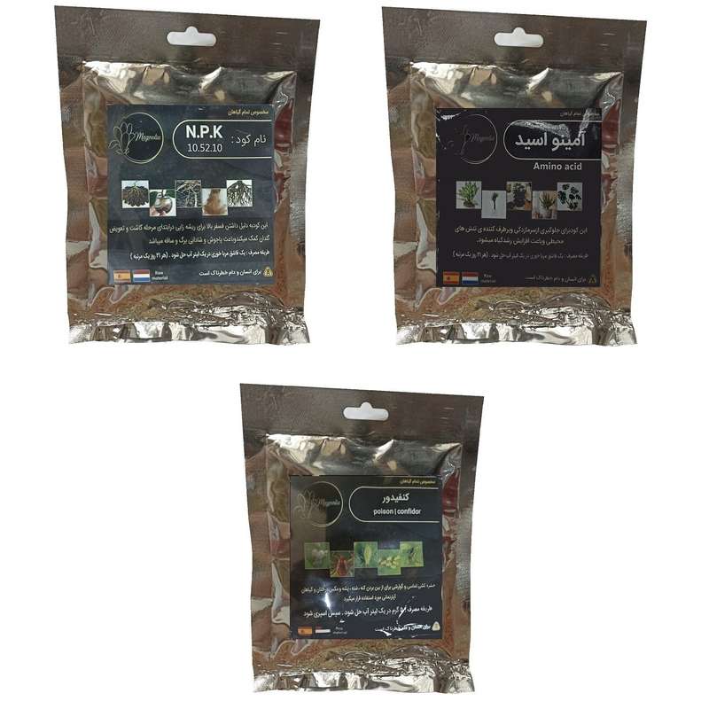 کود فسفر ریشه زایی (10-52-10)و کنفیدور و آمینو اسید مدل raw material وزن 150 گرم بسته 3 عددی