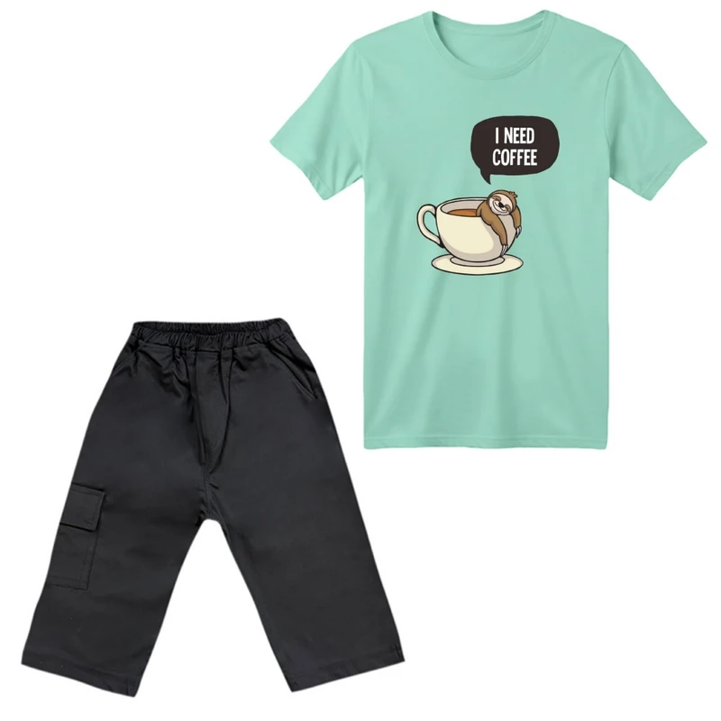 ست تی‌شرت آستین کوتاه و شلوارک دخترانه مدل تنبل و فنجون