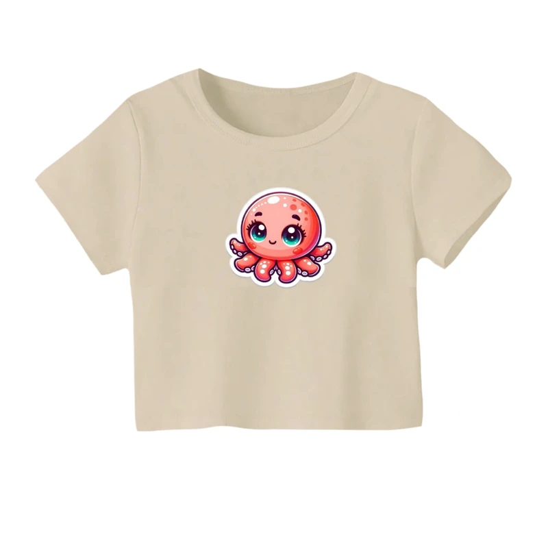 کراپ‌ تی‌شرت آستین کوتاه زنانه مدل هشت پا کارتونی کد 01