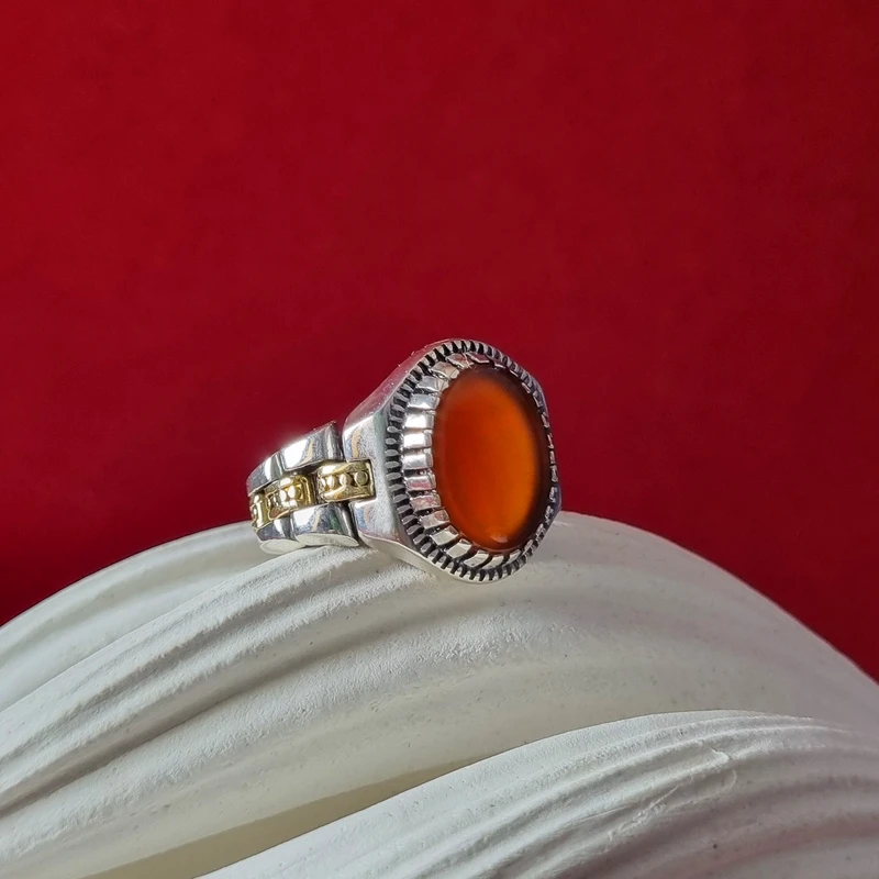 عکس شماره 3 : انگشتر نقره عقیق مردانه ملک زیور مدل رکاب بند ساعتی متحرک طرح رولکسی کد 436