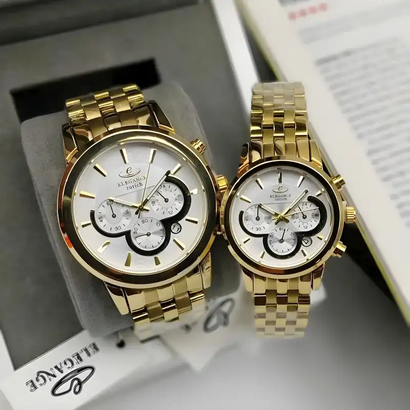 ست ساعت مچی عقربه ای زنانه و مردانه الگانس مدل سه موتوره کرنوگراف کد AvT-2