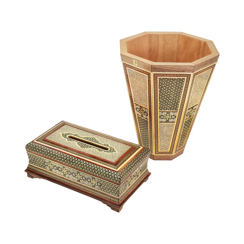 ست جعبه دستمال کاغذی و سطل خاتم کاری فراز هنر مدل بزمینه کد 3
