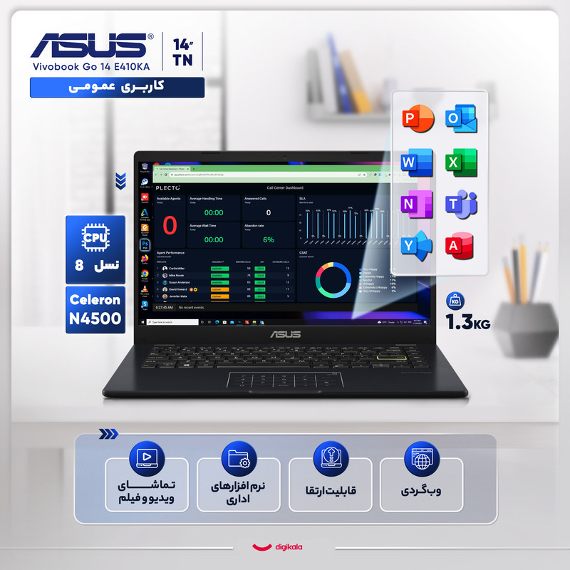 خرید و قیمت لپتاپ ایسوس مدل Vivobook Go 14 E410KA-CL464 با پردازنده Celeron N4500، رم DDR4 4GB با فرکانس 3200MHz، حافظه هیبریدی با ظرفیت 256GB حافظه SSD و 64GB حافظه eMMC، نمایشگر لمسی 14 اینچ TN با وضوح Full HD، دارای نامبرپد دیجیتال، سیستمعامل Windows، کاستوم شده