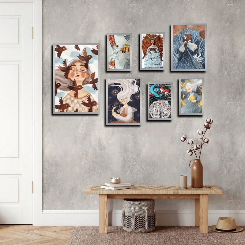 تابلو بکلیت طرح نقاشی مدرن و انیمه مدل SI-4006 فریم نقره ای مجموعه 7 عددی