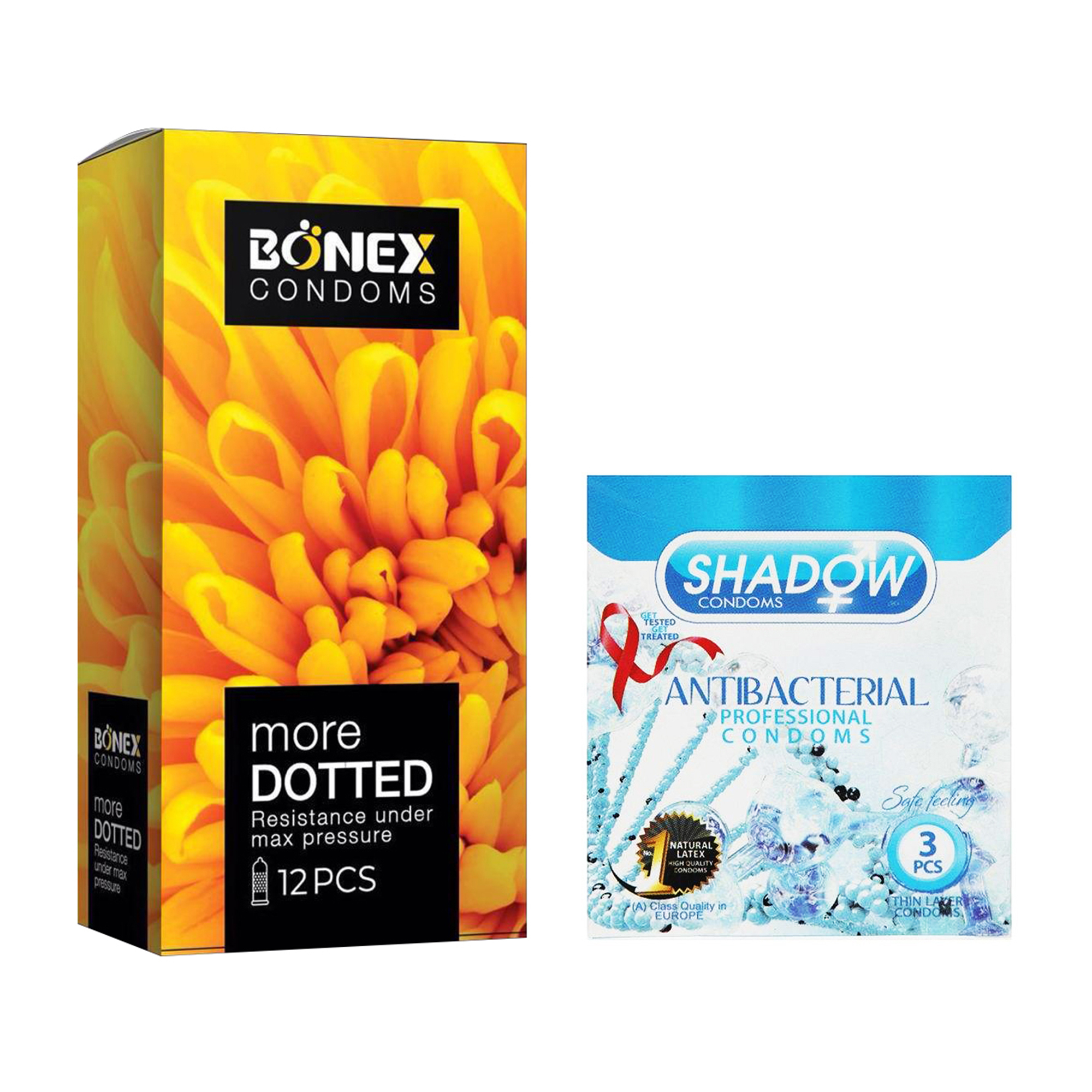 کاندوم بونکس مدل More Dotted بسته 12 عددی به همراه کاندوم شادو مدل Anti Bacterial بسته 3 عددی 