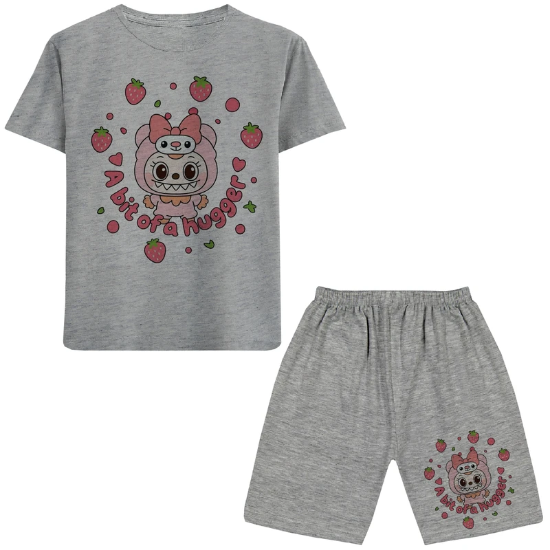 ست تی شرت آستین کوتاه و شلوارک راحتی دخترانه مدل A131 LABUBU