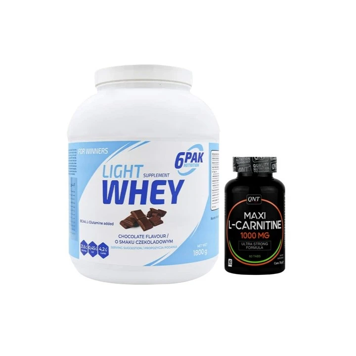 پودر پروتئین لایت وی  سیکس پک - 1800 گرمبه همراه کپسول مکسی ال کارنیتین کیو ان تی بسته 60 عددی