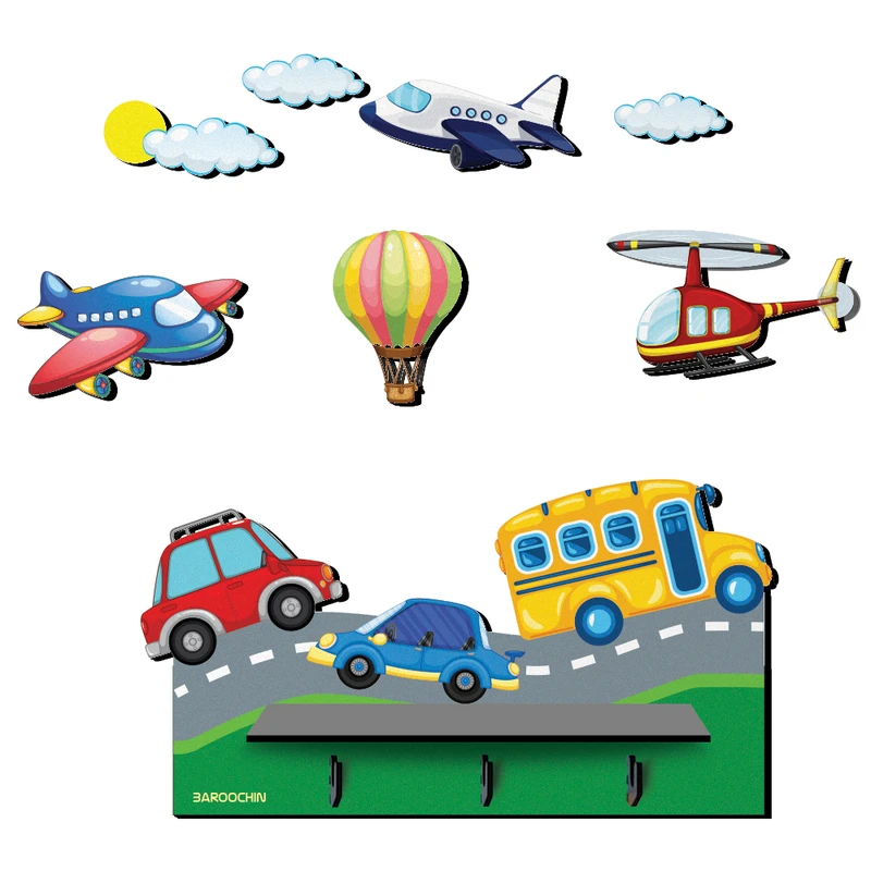 شلف دیواری اتاق کودک باروچین مدل آویزدار طرح ماشین ها کد sh-56