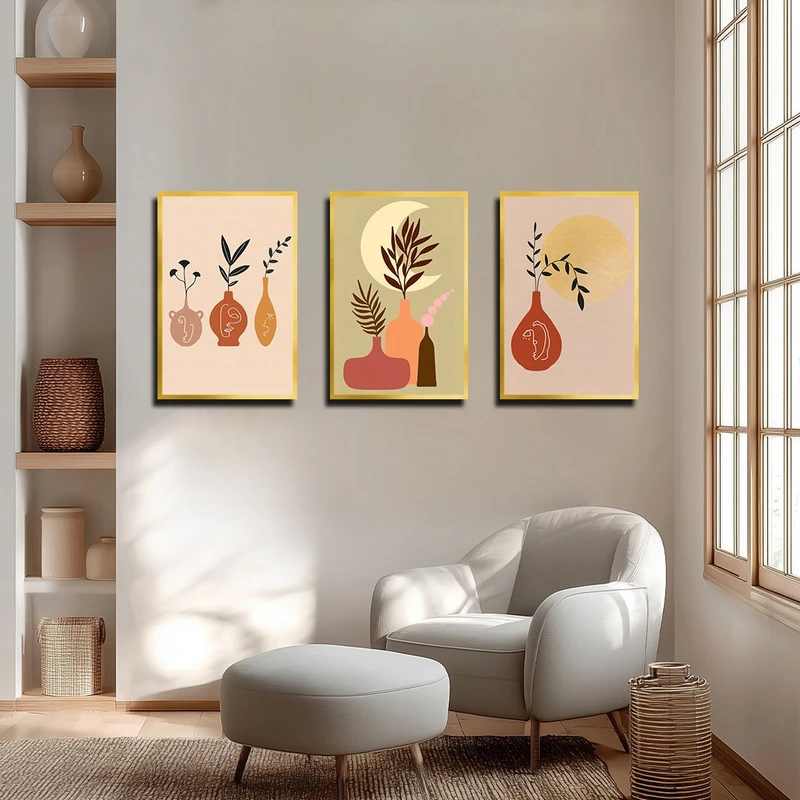 تابلو بکلیت طرح نقاشی مینیمال برگ و گلدان مدل T-3874 فریم طلایی مجموعه 3 عددی