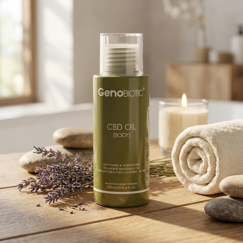 روغن بدن ژنوبایوتیک مدل CBD حجم 100 میلی‌لیتر، حاوی روغن جو، اسطوخودوس و کانابیس