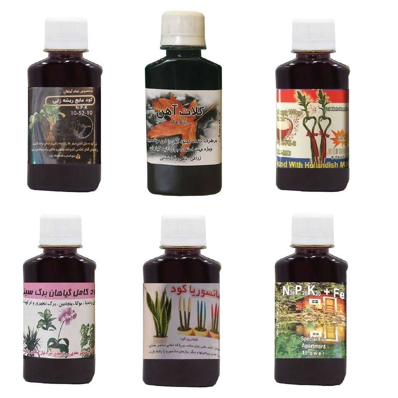 کود مایع فسفر ریشه زایی 10-52-10 و کلات آهن و کود بامبو و کود کامل گیاهان برگ سبز و کود سانسوریا و کود سه بیست مدل life drop حجم 120 میلی لیتر