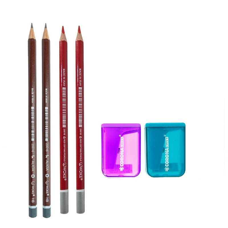 تراش مخزن دار کرونا مدل نگار به همراه مداد مشکی و مداد قرمز مجموعه 6 عددی