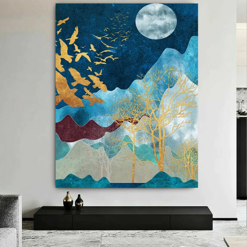 تابلو بوم طرح مخمل نقاشی انتزاعی طبیعت و کوهستان کد BK23060