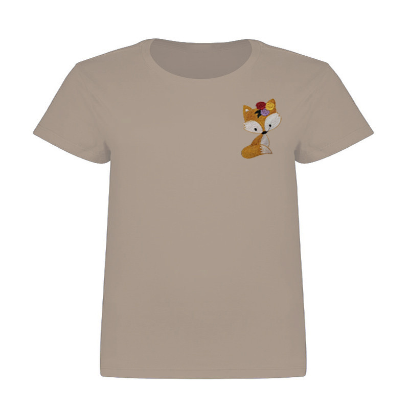 تی شرت آستین کوتاه زنانه مدل گلدوزی شده روباه رنگ کرم