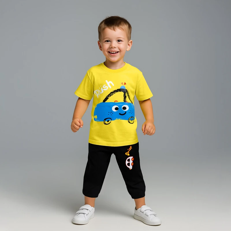 ست تی شرت و شلوارک پسرانه مدل ماشین خندان