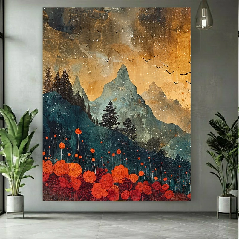 پوستر پارچه ای طرح مخمل  نقاشی منظره مدل کوهستان و گل‌های رز کد PY762