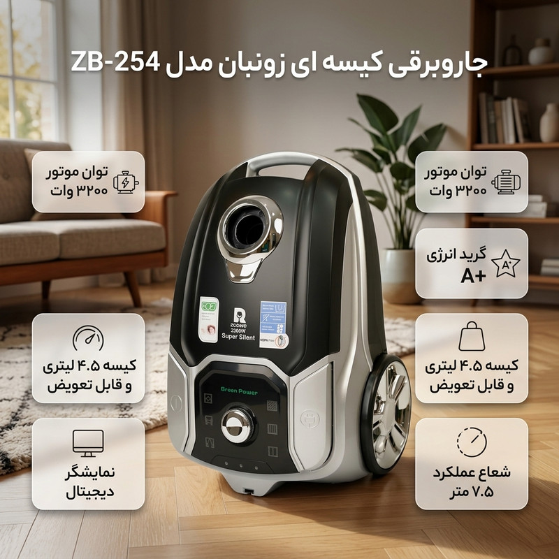 جاروبرقی کیسه ای 3200 وات زونبان مدل ZB-254