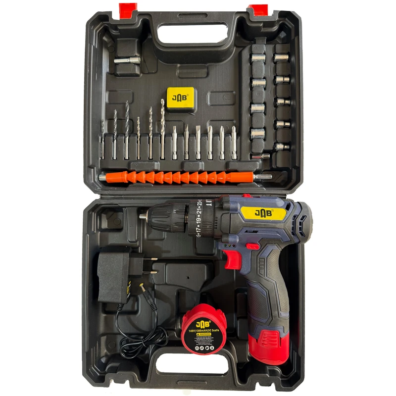 دریل پیچ گوشتی شارژی چکشی سه نظام ۱۰ میلیمتر 148 ولت جاب مدل JB-148 Wincher مجموعه 40 عددی
